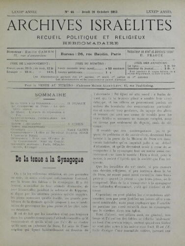 Archives israélites de France. Vol.73 N°44 (31 oct. 1912)